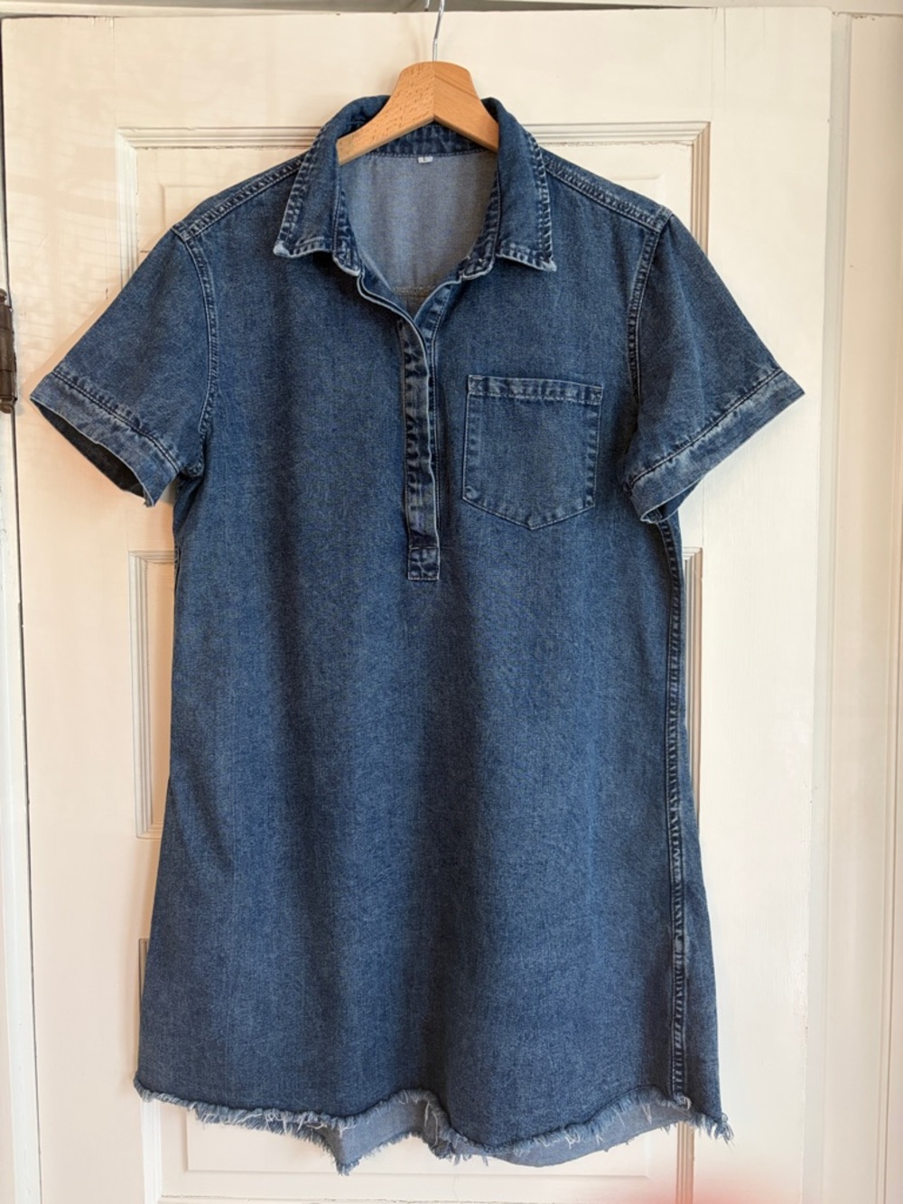 Short sleeve popover Denim Polo Collar Dress / Tunic fray hem medium Blue